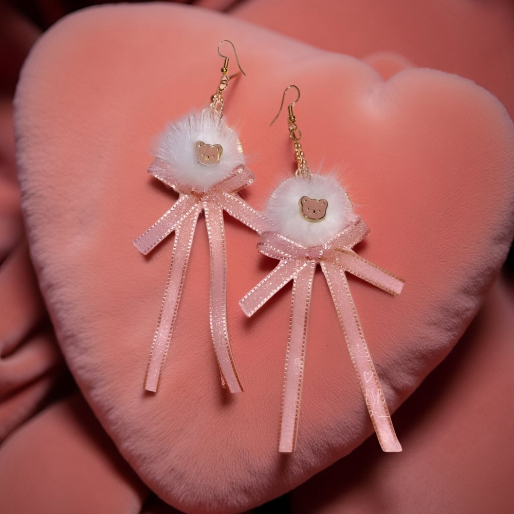 Pink Bow Fuzzy Bear Earrings 🎀 Kawaii Drops
